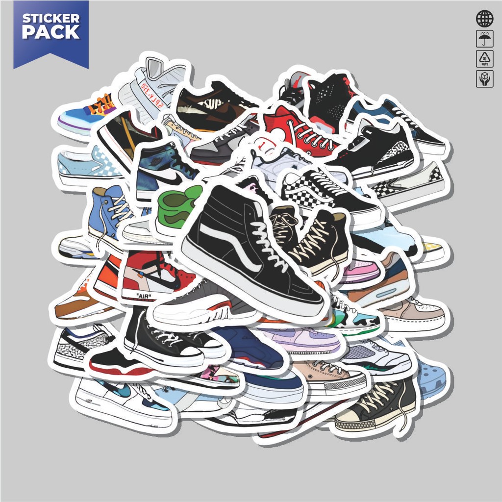 

[100PCS]Stiker Pack Stiker Famous Shoes [Sepatu Terkenal] Aesthetic Vinyl Anti Air Dekorasi Sticker Laptop Buku Journal Koper Helm Casing HP Gitar Helm Skateboard