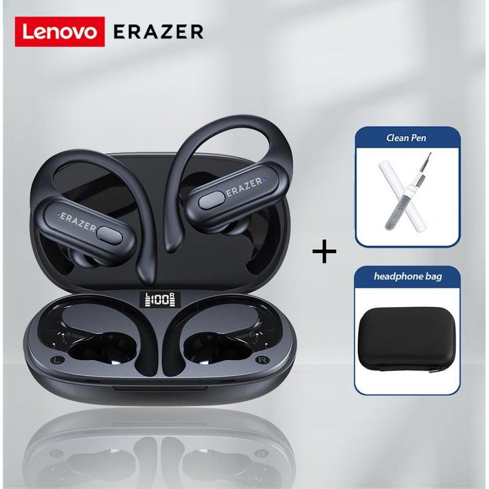Hot Produk TWS Lenovo XT60 Wireless Earphones Bluetooth Sport Headset Super Bass - Hitam+Tas+Pena  T