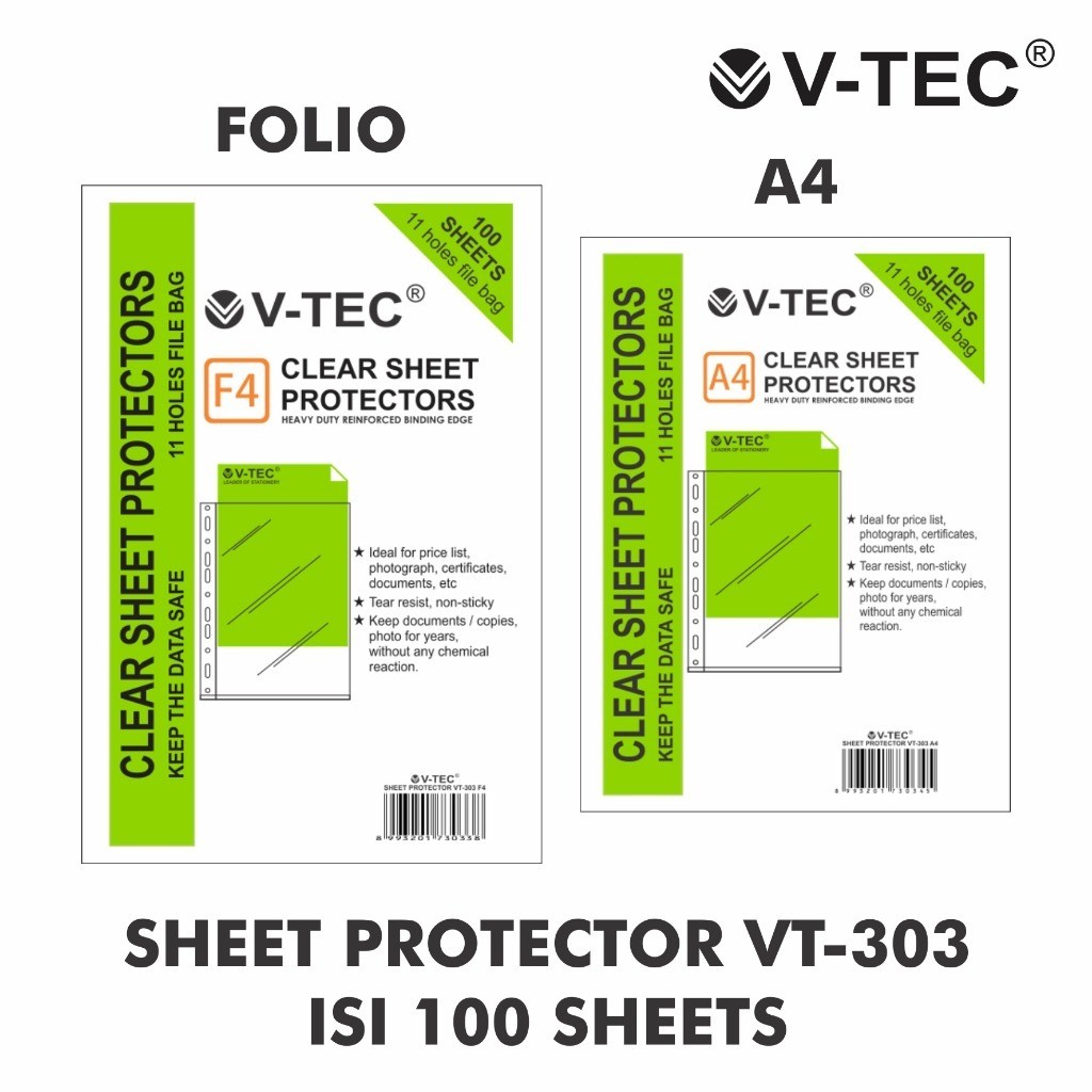 

(pack) V-Tec Sheet Protector Clear VT-303 Isi 100 sheets - Ukuran A4 dan F4 - Alat Tulis - Stationery new