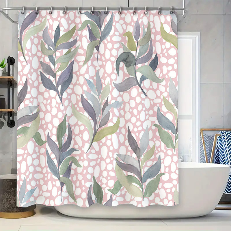 Watercolor-inspired leaf shower curtain set with pink polka dot pattern for bathroom decor modern st