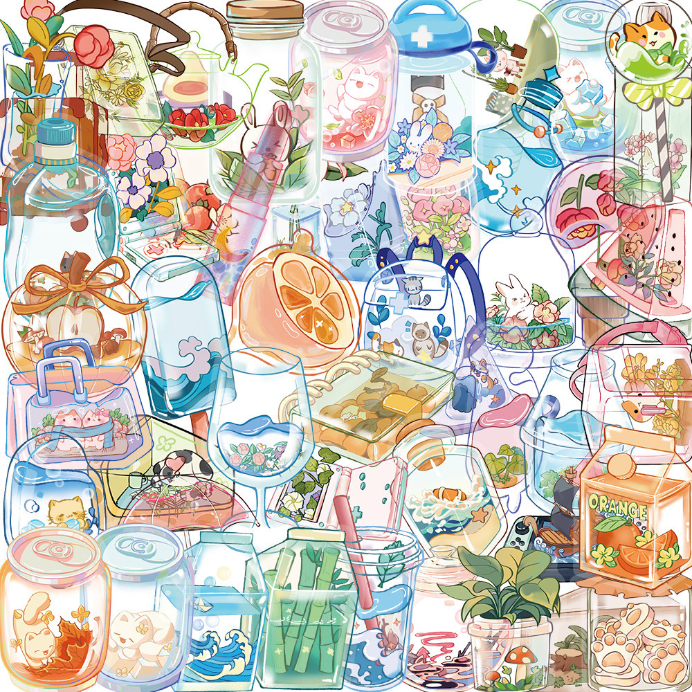 

50pcs Cartoon Transparent Item Stickers Cute Transparent Water Cup DIY Gift Sealing Label PET Stickers Decoration Supplies