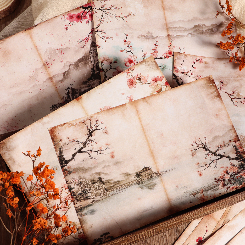 

12 A5 papers and 24stickers Peach Blossom Scenery Watercolor DIY Scrapbook Decoration Paper pads,for Arts Crafts,Junk Journals