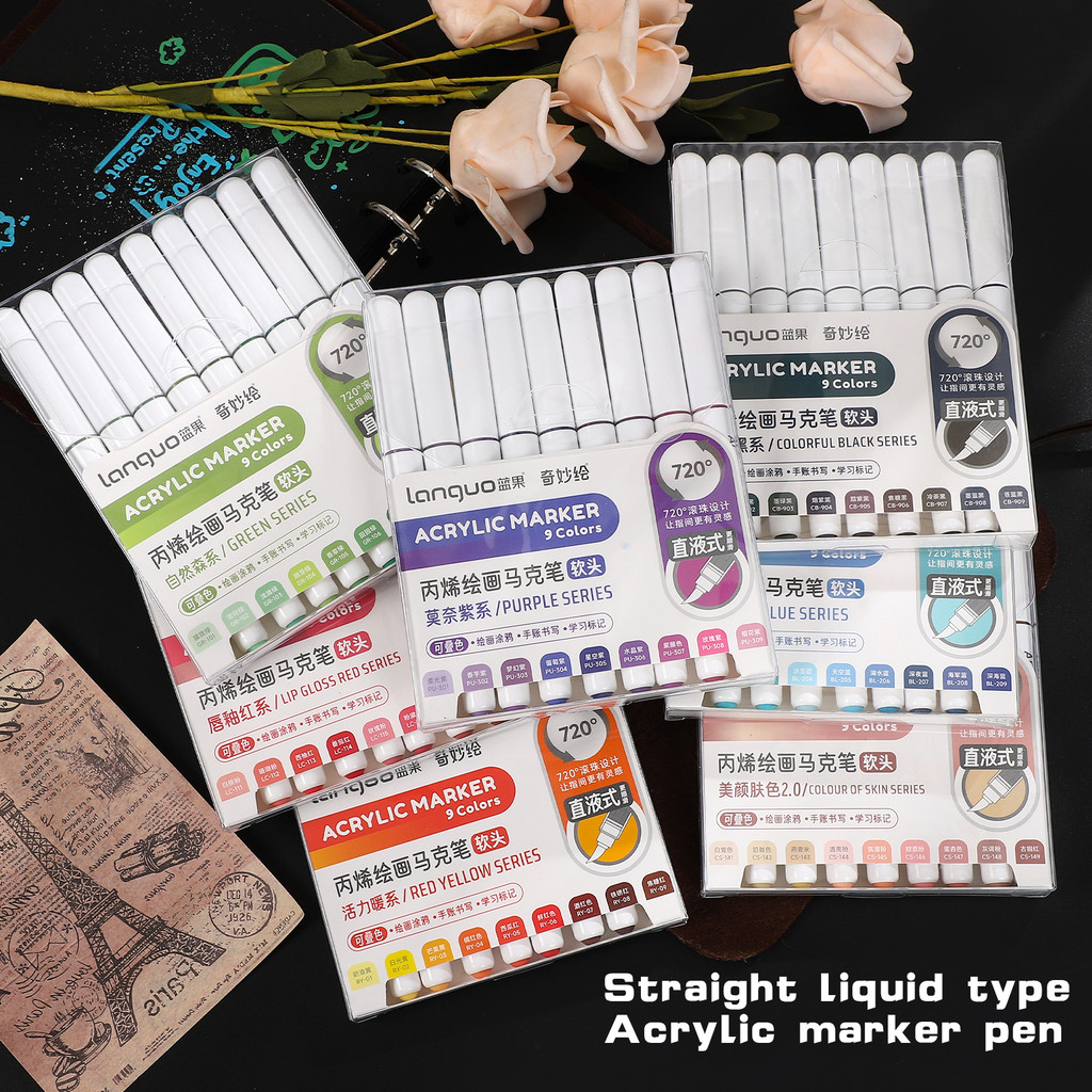 

9 Pcs/set Straight Liquid Acrylic Large-capacity Soft-head Painting Marker Pen Creative DIY Journal Student Supplies Stationery