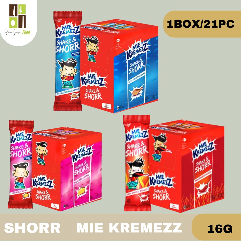 

Shorr Mie Kremezz Shake 16g - 1BOX/21PC / Snack Mie / Mie Kremez Rasa Ayam Panggang / Sambal Balado / Keju Manis