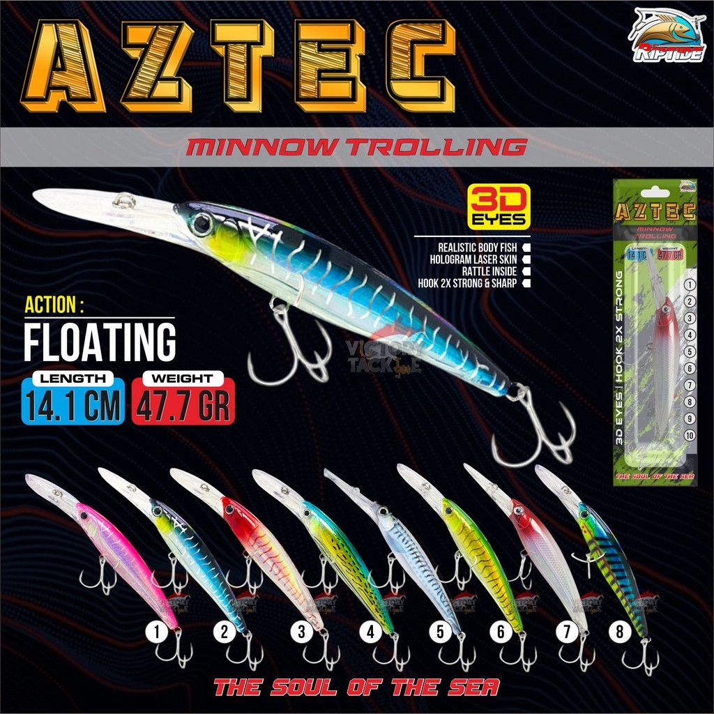 UMPAN PANCING LURE MINNOW TROLLING RIPTIDE AZTEC FLOATING ACTION 14.1 CM 47.7 GRAM MINNOW TROLLING L