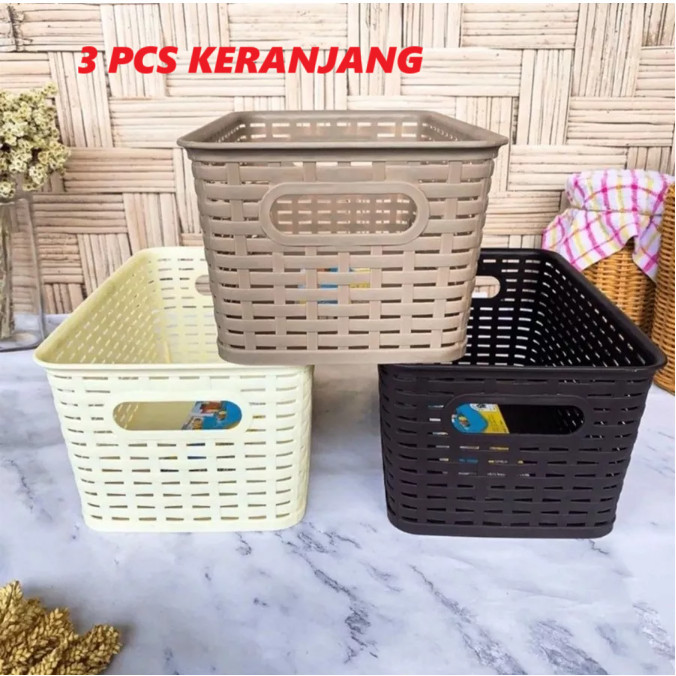 eOnePro Set 3 Pcs Keranjang Anyaman Kotak Plastik Serbaguna Wadah Peralatan Aksesoris Bumbu Dapur dl