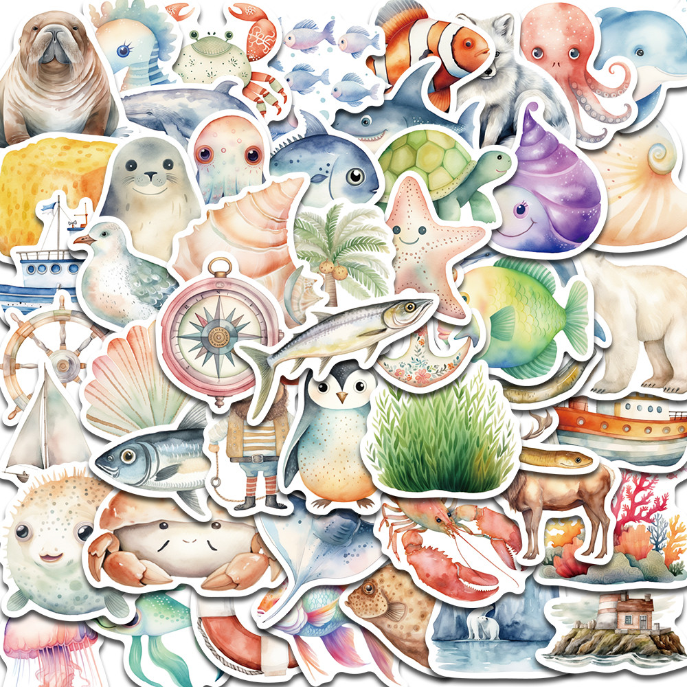 

50PCS Sea Themed Cute Cliparts Stickers Wall Art Cartoon Graffiti Decal For Graffiti Laptop Cup Luggage Phone Aesthetic Stickers