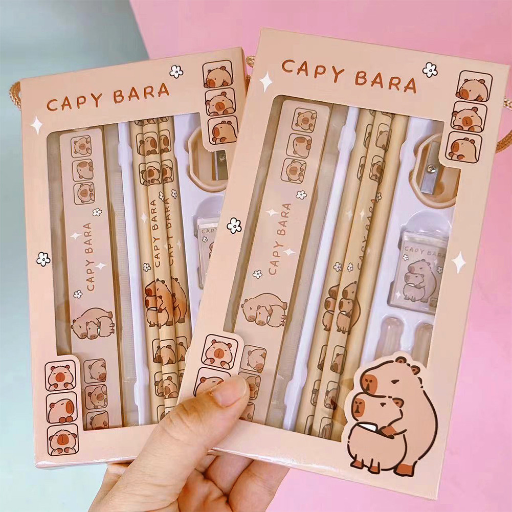 

8 In 1 Capybara Cartoon Animals Pencil Ruler Eraser Sharpener Stationery Set Student School Office Writing Supplies Kids Gift