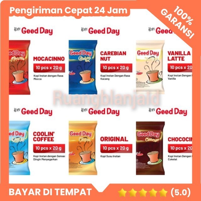 

Kopi Instan Good Day 10pcs X 20 gr All varian Mocacinno - original - Carebian nut - Vanilla Late - Chococino - Coolin Coffe