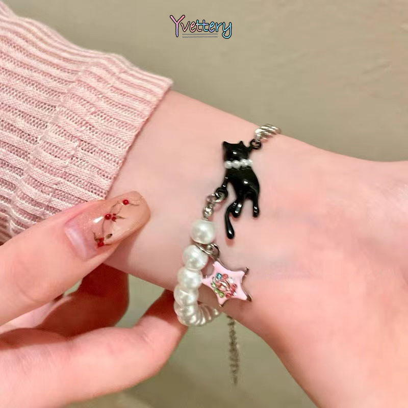 COD Gelang Kucing Hitam Tambal Sulam Mutiara Gelang Bintang Mewah Ringan Wanita-yy