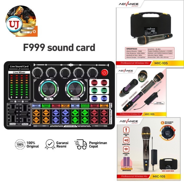 Paket Soundcard F999 Mic Wireless Advance MIC-105 Live Streaming