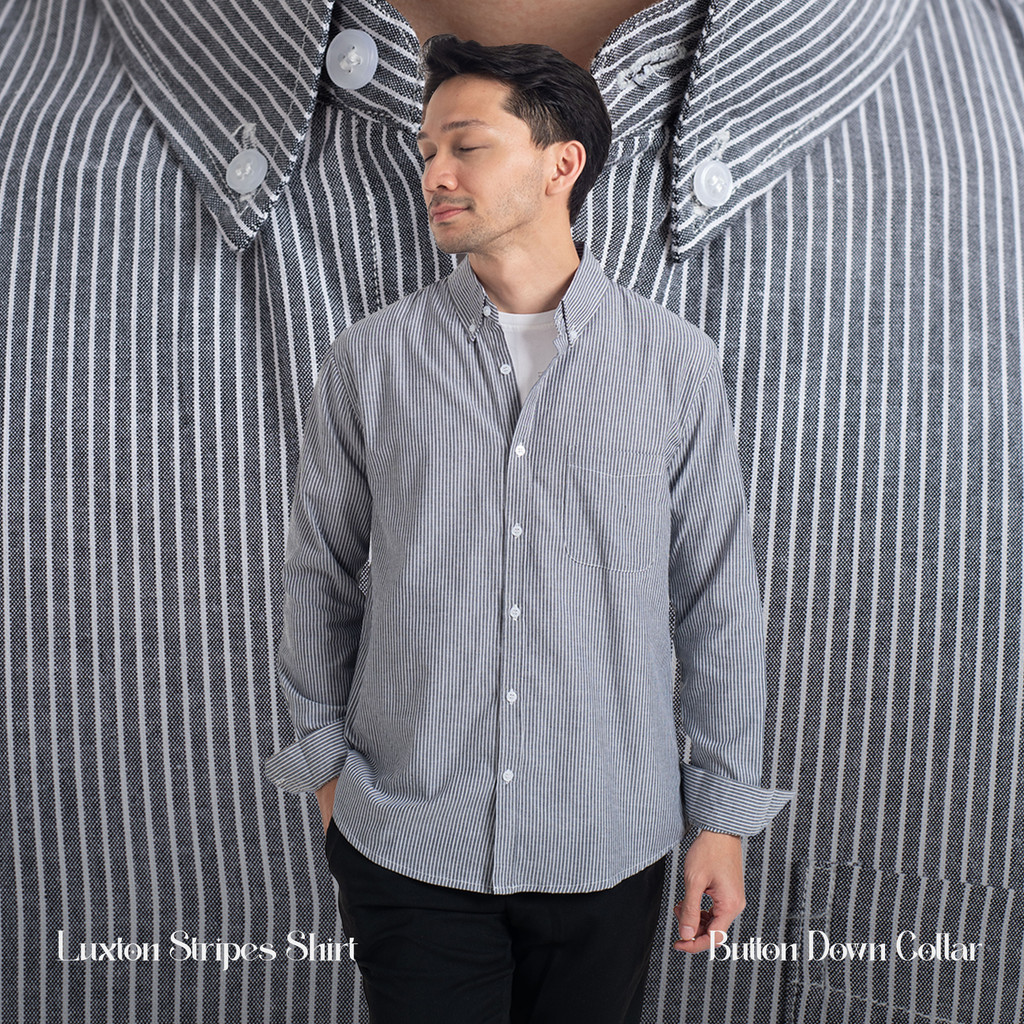 Kemeja Garis Pria WOODCUTTER Basic Luxton Stripes - Dark Grey Lengan Panjang