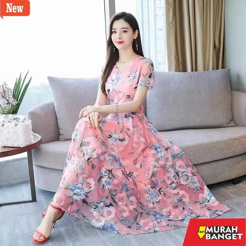 dress wanita kekinian baru gaun sifon print wanita mid-length/dress wanita/midi dress
