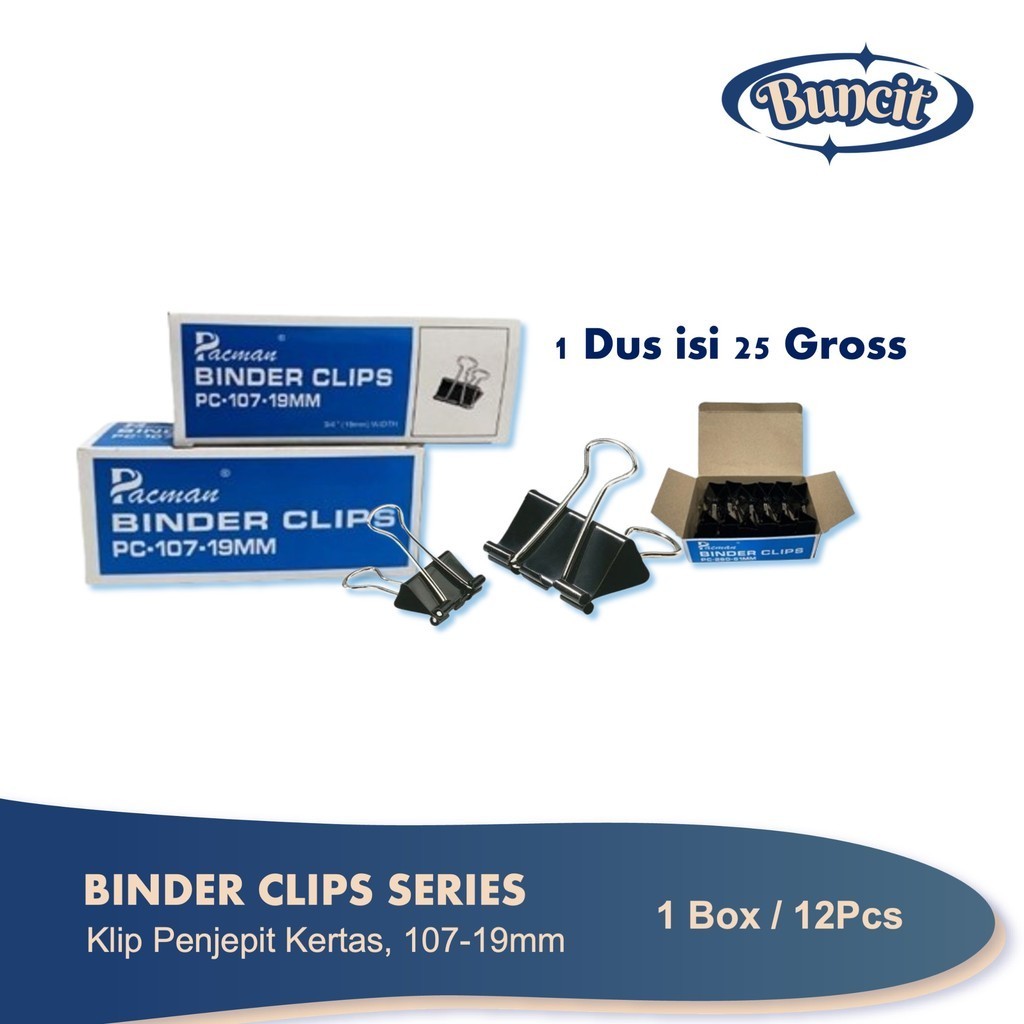 

1 Box isi 12 Pcs Binder Clips Pacman Ukuran 107-19mm / Penjepit Kertas / Paper Clip