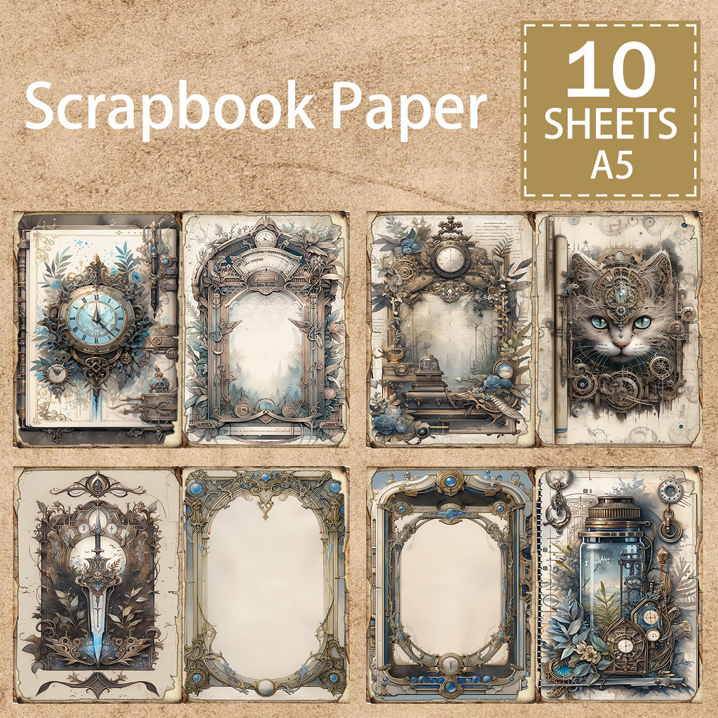 

10 Sheets A5 Size Steampunk Gear Clock Animal Cat Wolf Background Vintage Grunge Journal Planning Scrapbooking