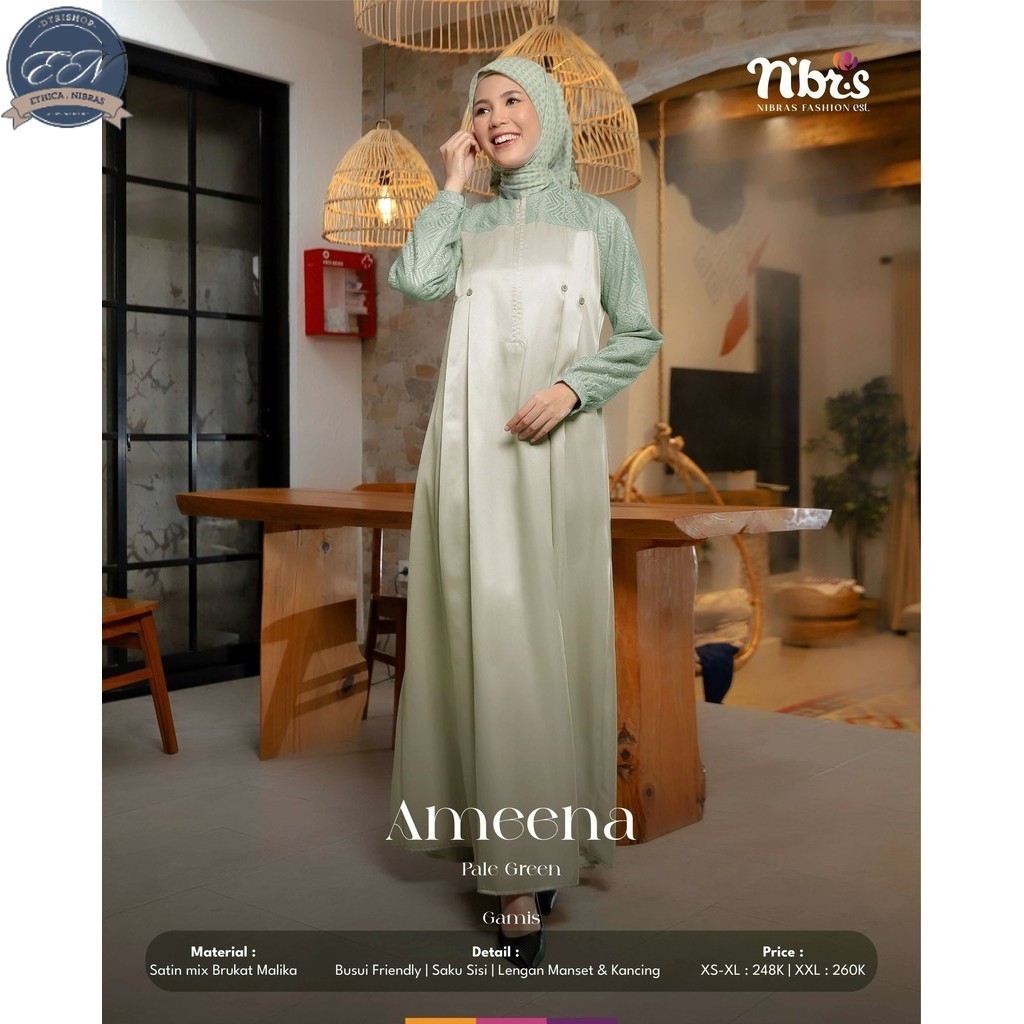 Ameena Gamis Wanita Bahan Satin mix Brokat Warna Green Adem dan Tidak Gerah  by Nibras