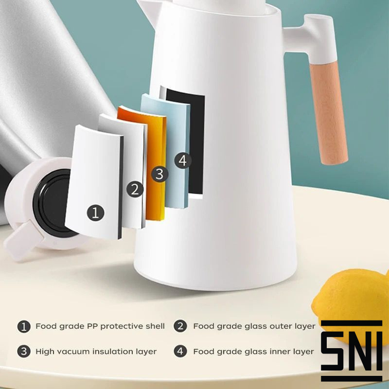 SNI - Teko Air Panas / Termos Air Panas Vacum 1L Dengan Gagang Kayu Original