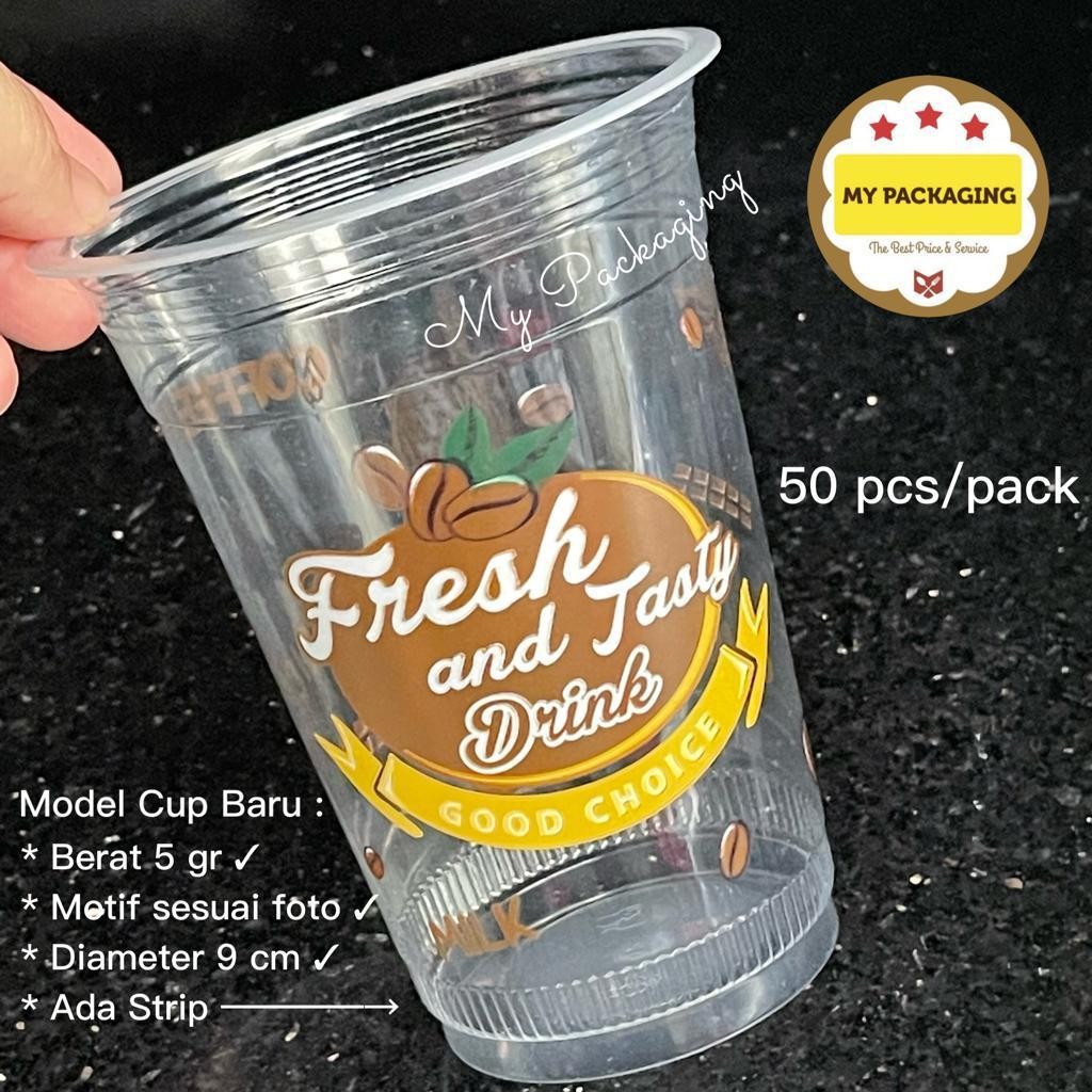 Gelas Cup Plastik 16oz PRINTING cetak FRESH AND TASTY - (isi 50pcs/pack) 16 oz TANPA TUTUP -- Cocok 
