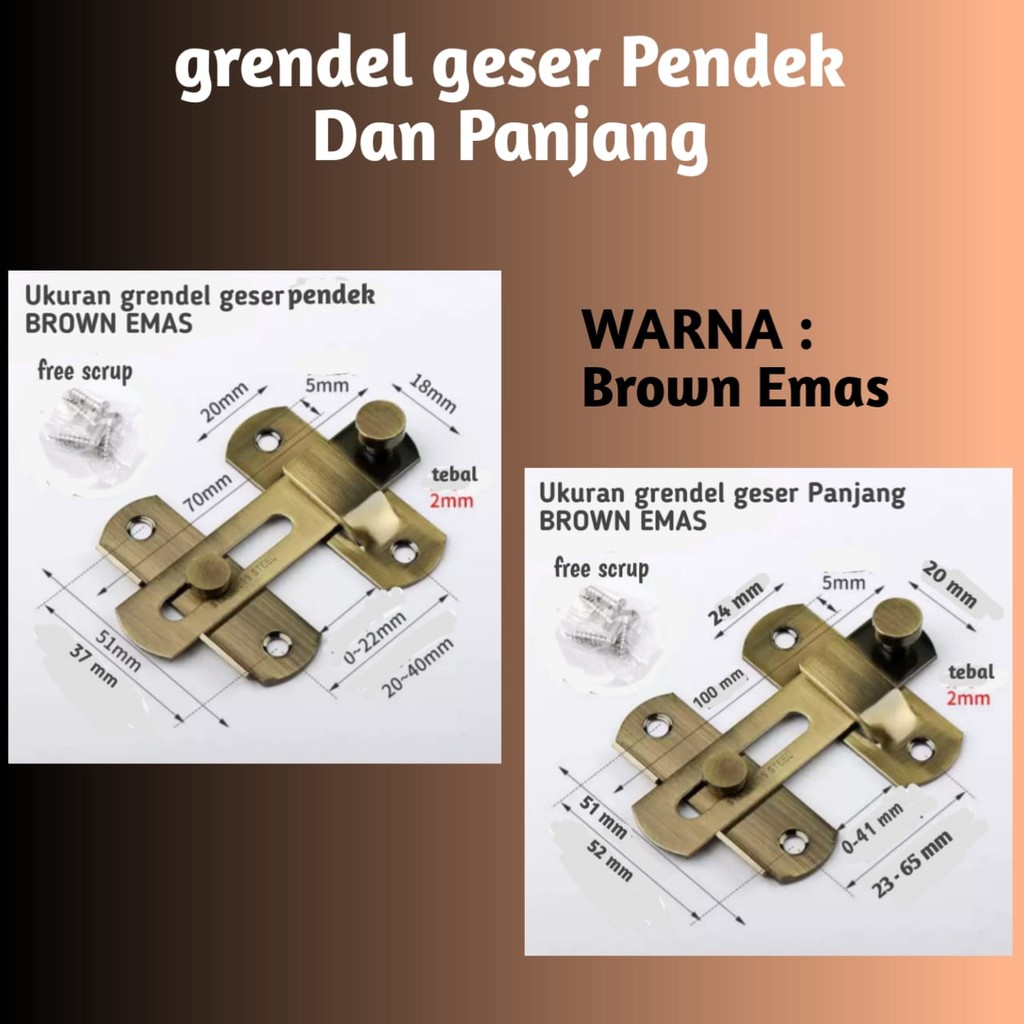 Grendel Geser BROWN EMAS ,  Kait Pintu Geser Stainless Steel/Grendel Slot/Kunci Geser Pintu/Lemari