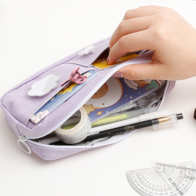 

Kawaii Purple Canvas Pencil Case Cute Animal Badge Pink Pencilcases Large School Pencil Bags for Maiden Girl Stationery Supplies