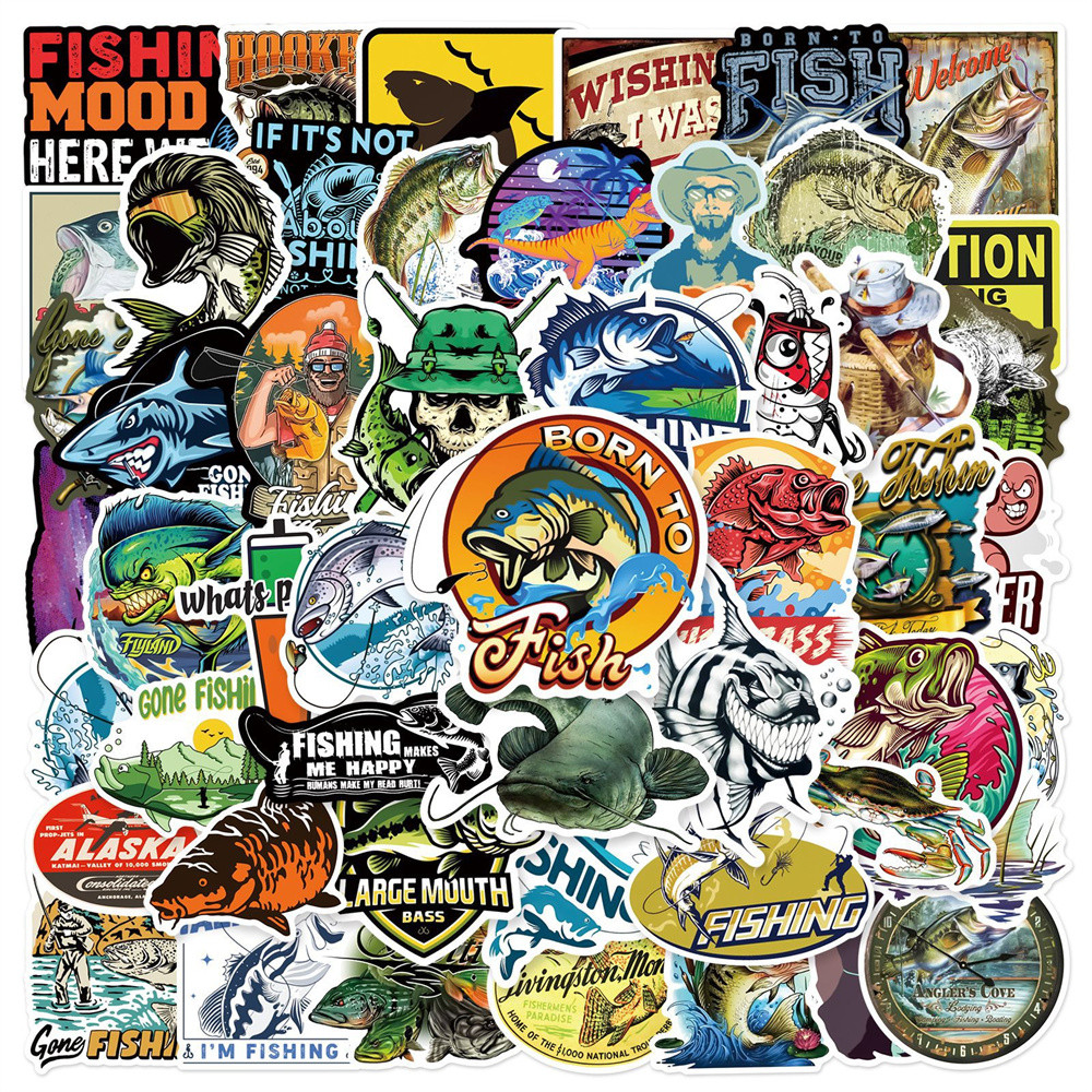 

50pcs Outdoor Fishing Stickers For Motorcycle Guitar Phone Suitcase Vintage Fishing Gear Sticker Pack Scrapbooking Material