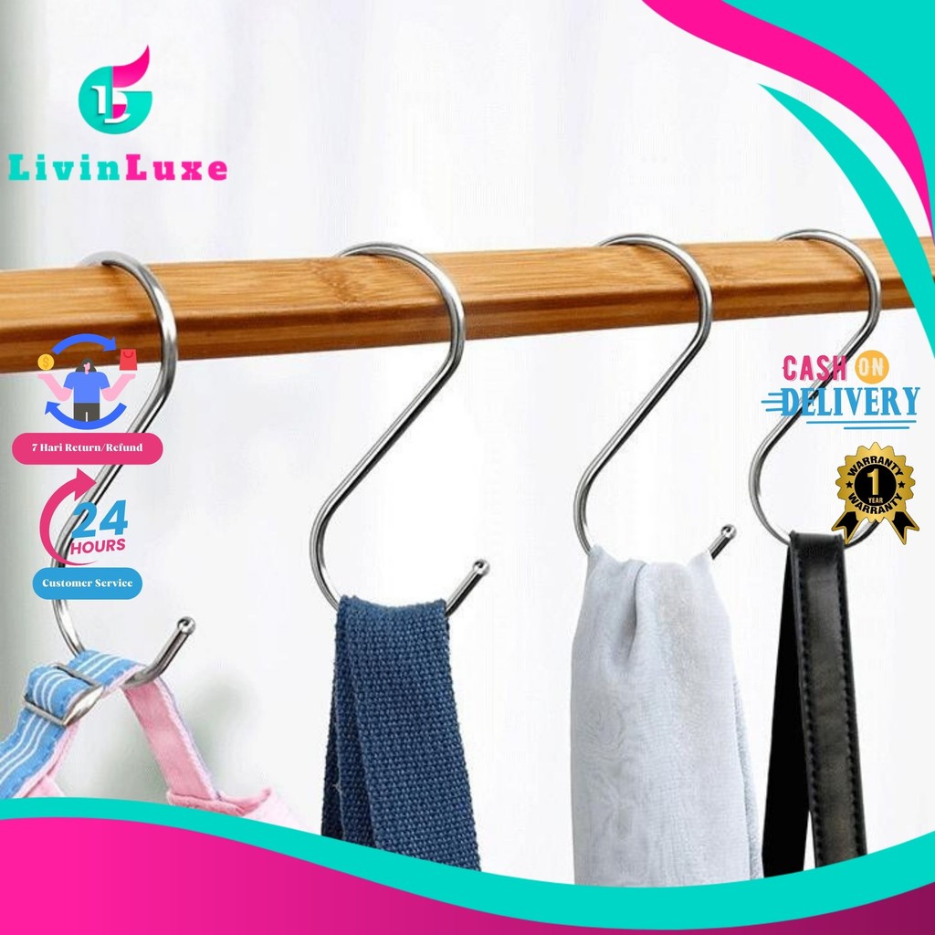 LivinLuxe - Hook Hanger Besi Warna Silver Untuk Lemari Kamar Rumah Dapur Serbaguna Gantungan Bentuk 