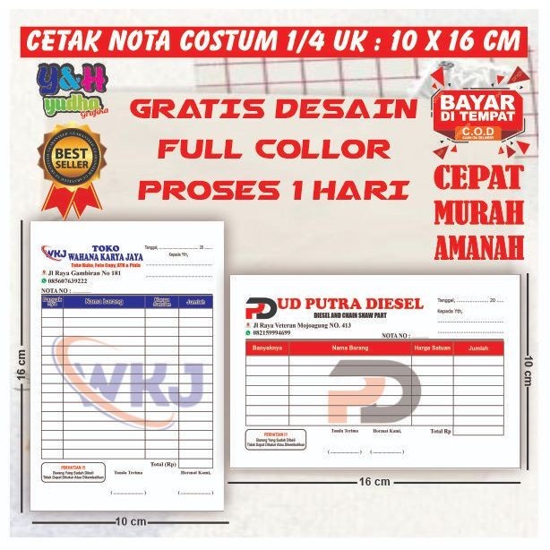 

CETAK NOTA COSTUM 1/4 Gratis Desain Gratis Logo Bebas Nama Sendiri Y&H Yudha Grafika