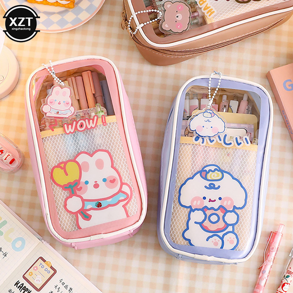

Cute Creative Transparent PVC Large Capacity Pen Pouch Children Cartoon Student Stationery Transparent Plastic Pen Case Pouch