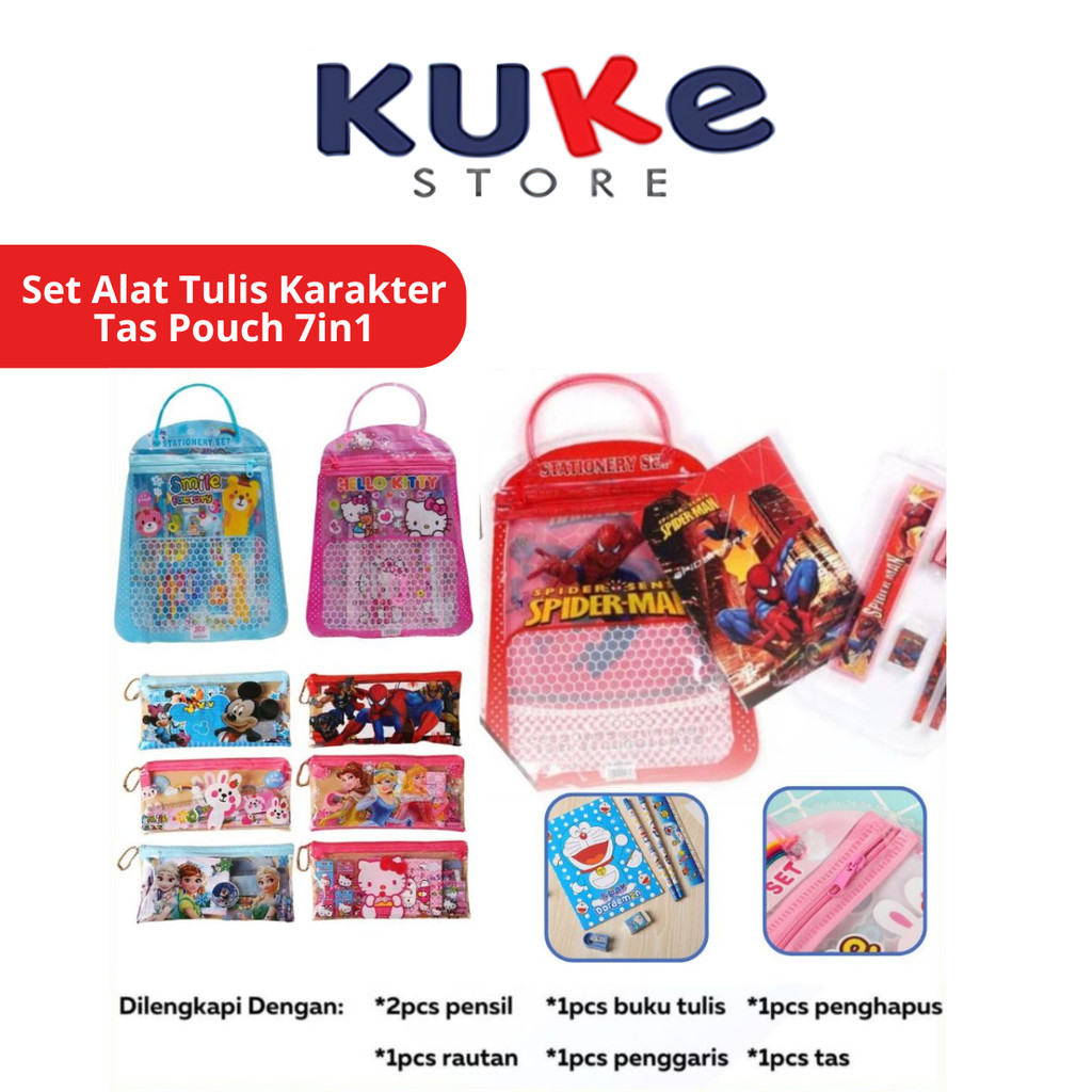 

Set Alat Tulis Karakter Tas Pouch 7in1 / Paket Lengkap Pensil Penghapus Rautan Penggaris Buku Gambar Kartun / Mini Stationery Character 7 Pcs ATK Peralatan Menulis Anak Sekolah Hadiah Kado Ulang Tahun Souvenir Goody Bag Unik Frozen Spiderman Unicorn Cars