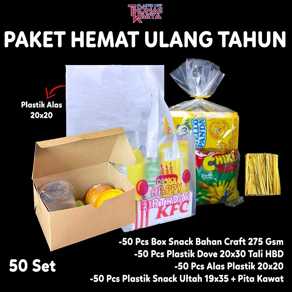 [PAKET ULTAH 50 ANAK] Softhandle 20x30 HAPPY BIRTHDAY + Dus Nasi / Snack + OPP Snack Ulang Tahun