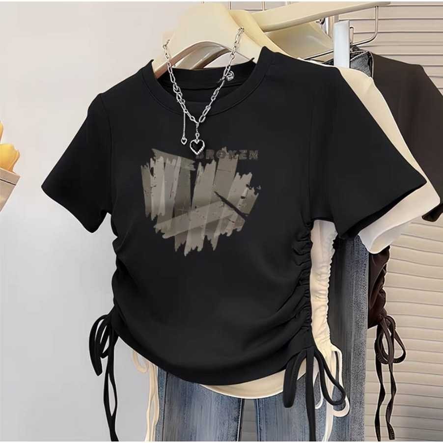 Baju Kaos Crop Wanita Katun - Broken heart Tali Serut Wanita Crop Top