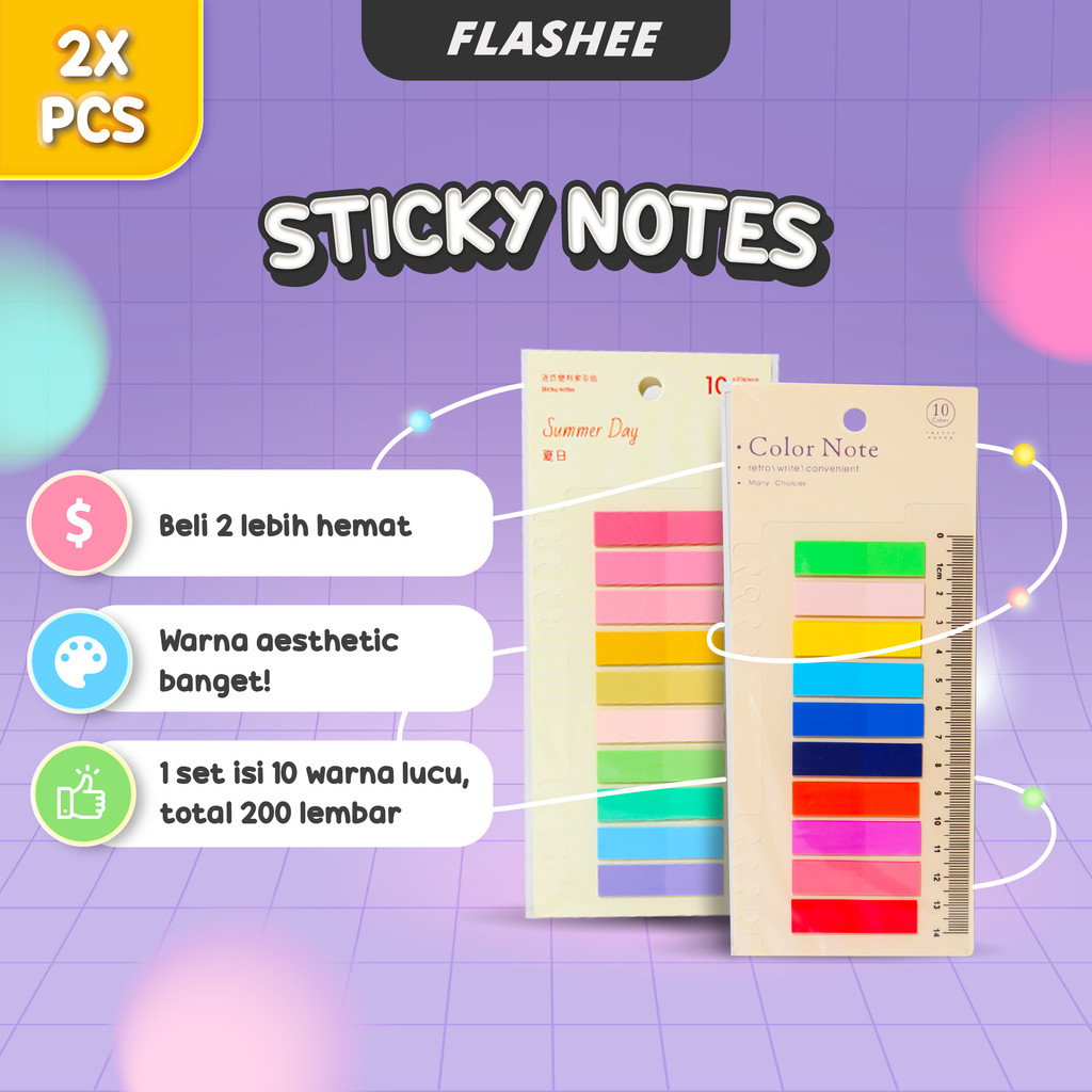 

Flashee Paket Bundling Sticky Notes 10 Warna Memo Ada Penggaris 2 Pcs Penanda Binder