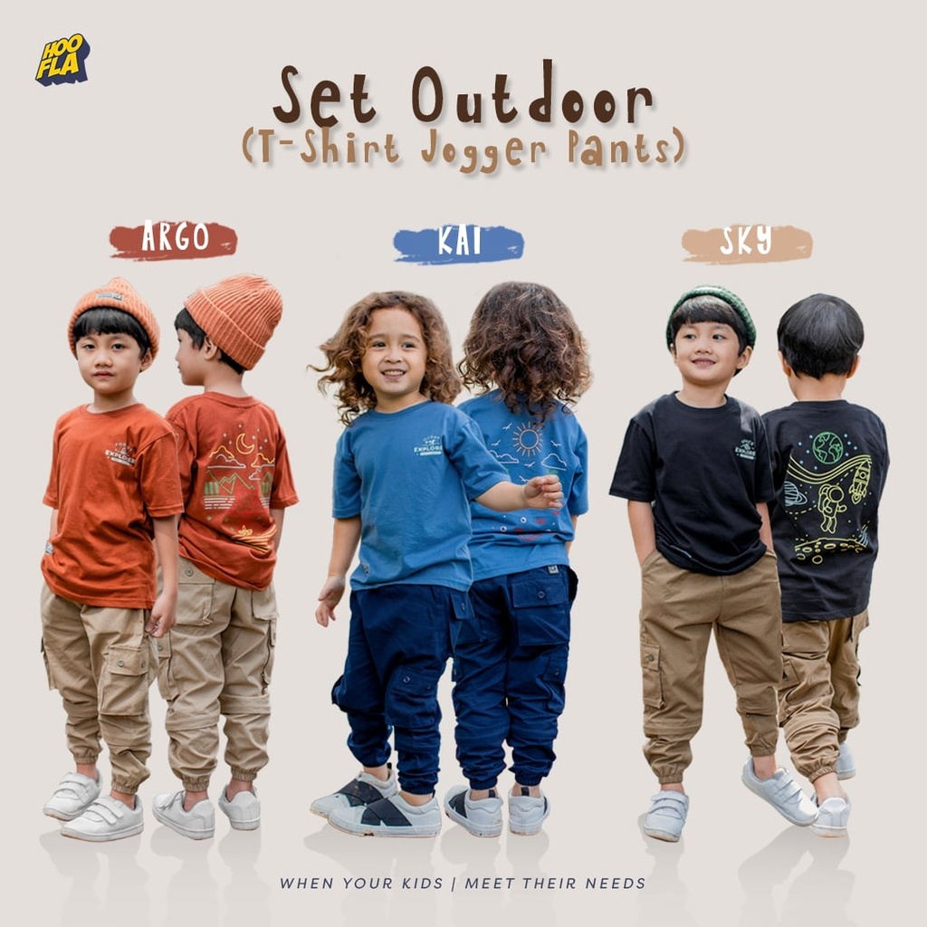 Hoofla Set Outdoor T Shirt Jogger Pants Celana dan Kaos Anak Laki Laki Cotton Combed 24s OOTD Casual