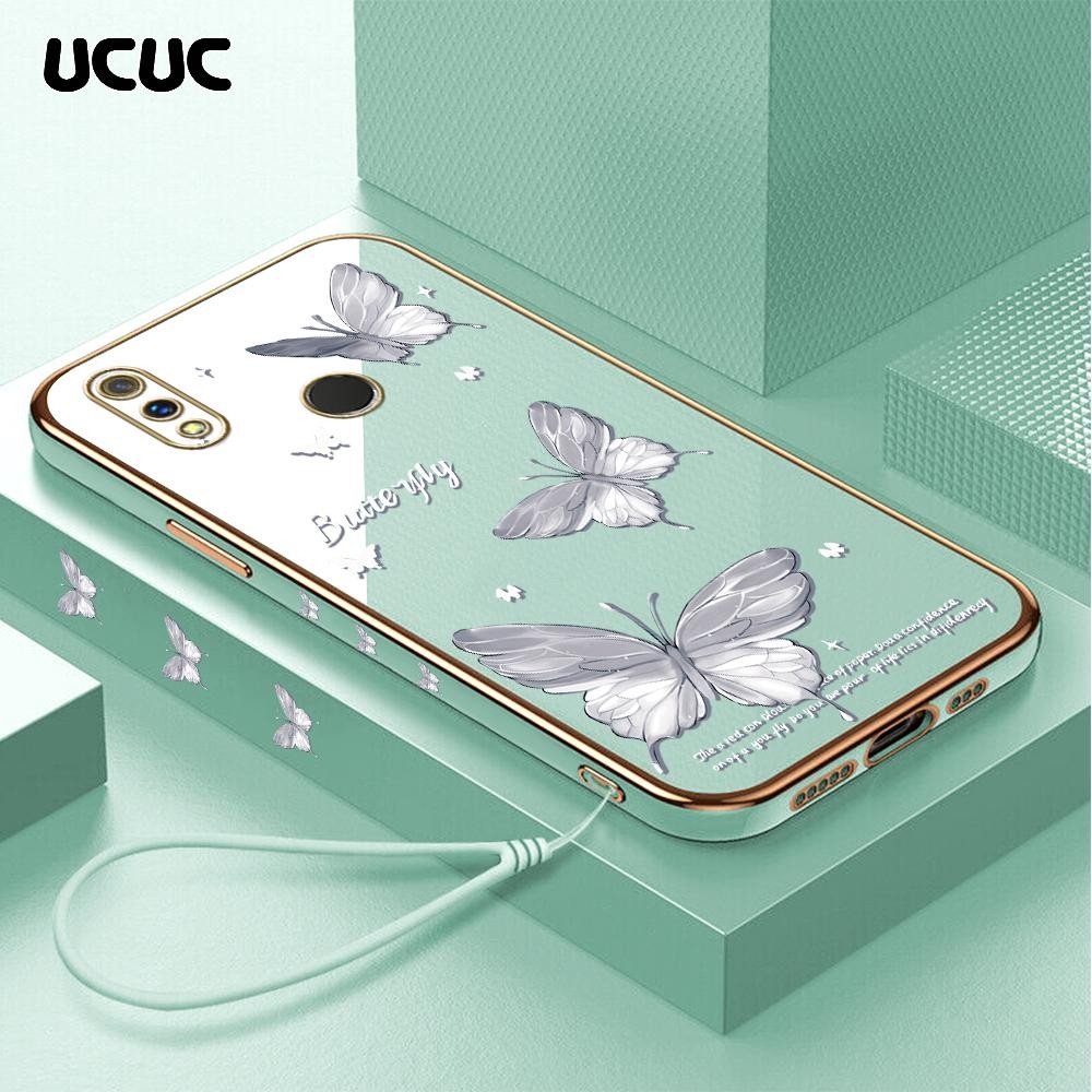 UCUC Realme 3 Pro (Lanyard Gratis) Cartoon Square Edge Pattern Design Luxury Plating Soft Phone Case