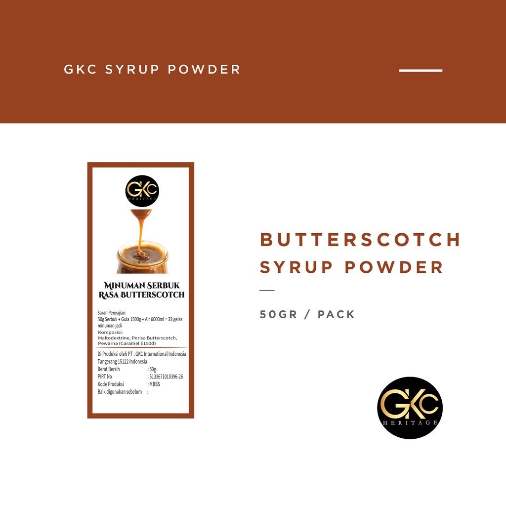

GKC Heritage Sirup Bubuk Konsentrat Minuman Butterscotch HALAL 50 Gram Butter Scotch Powder Syrup