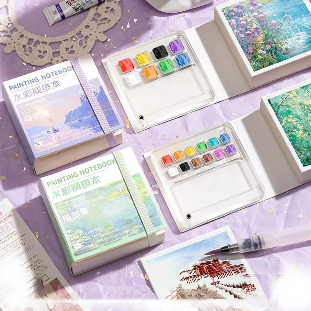 

Acrylic Watercolor Paint Palette Set 8/12 Grid Mini Paint Pigment Box with Tearable Book Waterproof Travel Painting Tray Kit