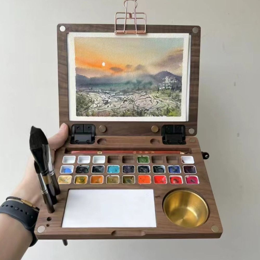 

27 Grid Wooden Watercolor Box Multifunctional Empty Folding Watercolor Paint Palette Waterproof with Cup/Clip Paint Pigment Box