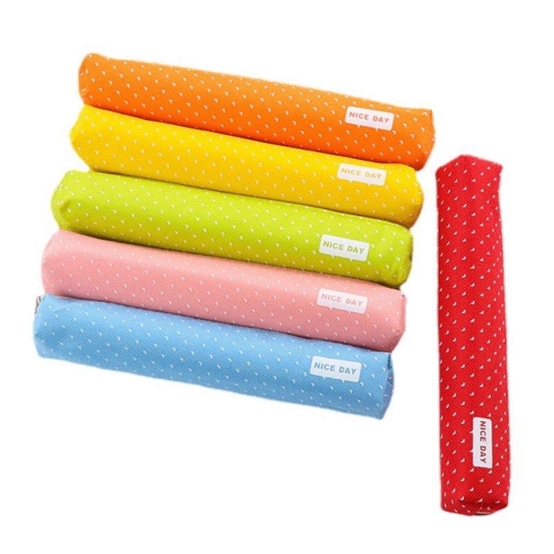 

Candy Color Pencil Bag Case Dots Prints Zipper Canvas Pens Bag Stationery Organizer for Students Mini Makeup Lipsticks Bag