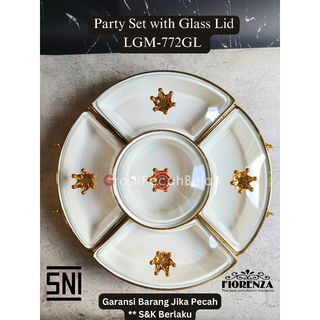 Prasmanan Putar Wadah Saji Keramik Set Motif Lining Gold Fiorenza LGM-772GL
