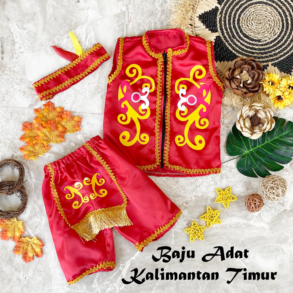Kostum Dayak Baju Adat Kalimantan Timur Anak  Kostum Dayak Laki-Laki Merah Etnik Tradisional