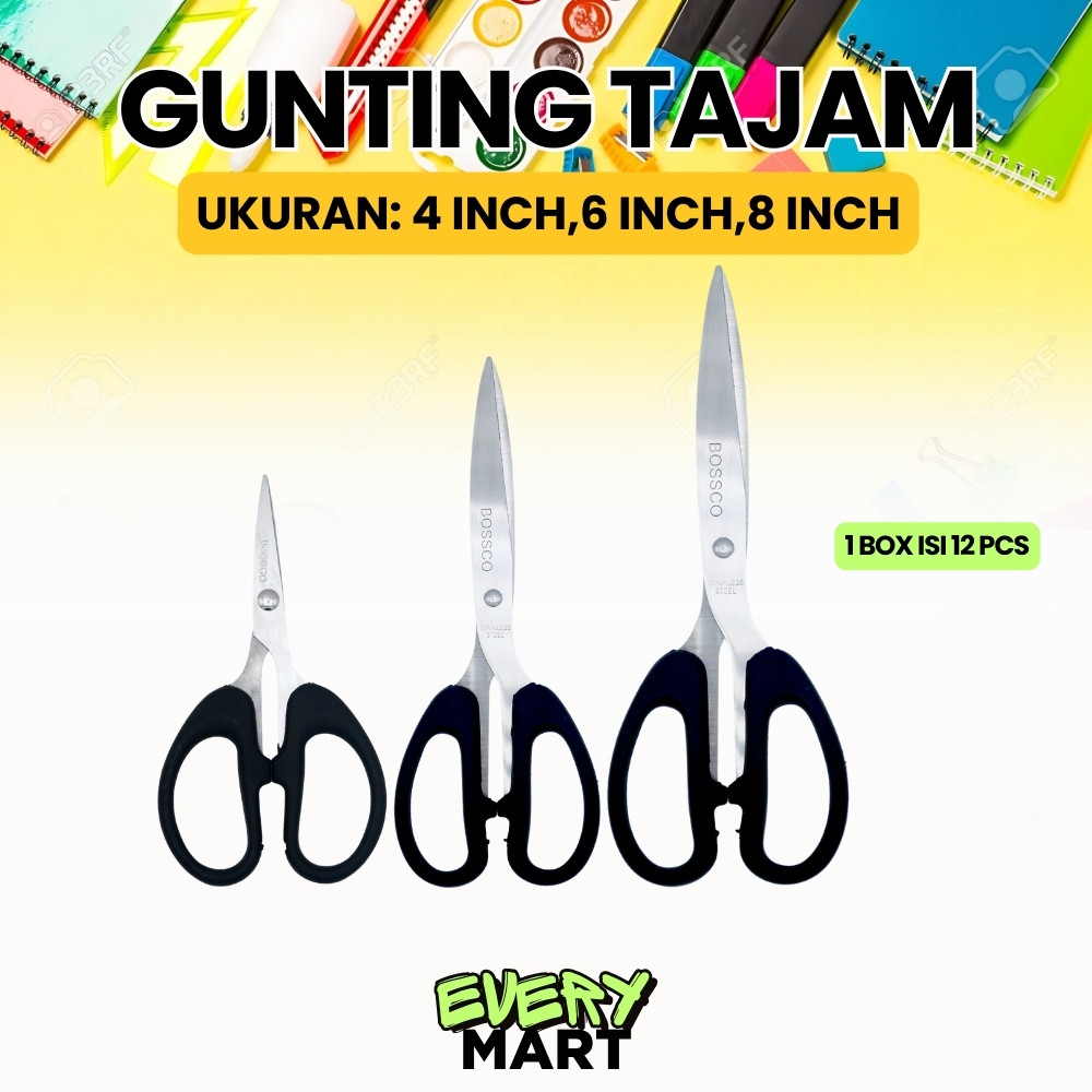 

1 Box isi 12 Gunting Scissors BOSSCO (4 inch~6 Inch-8 Inch) BC-814~816~818
