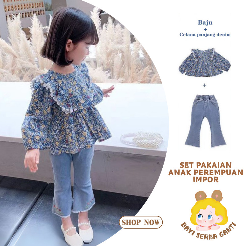 Set pakaian anak perempuan impor, terdiri dari kemeja dengan renda berbentuk daun teratai dan celana