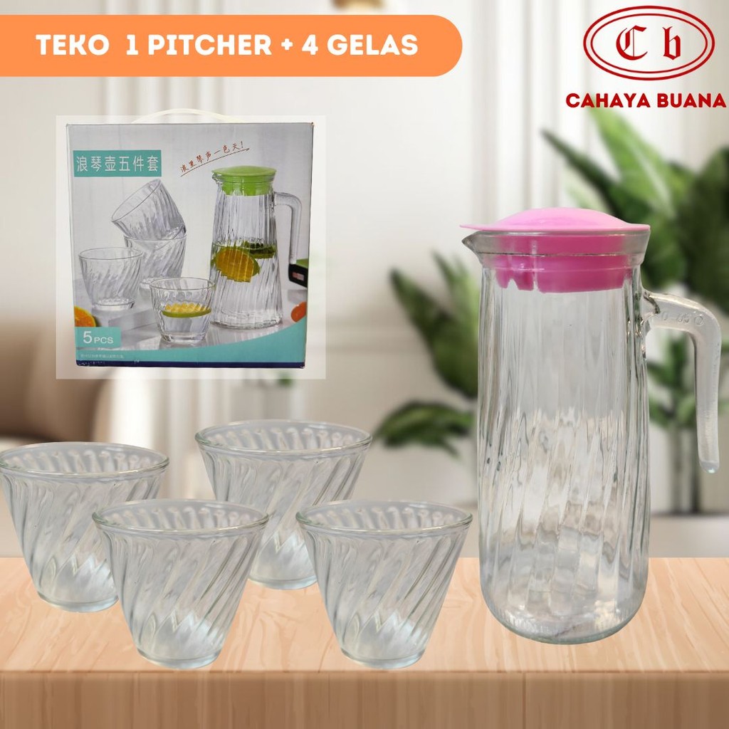 Teko Set + 4 Gelas Kaca Warna Pink | Pitcher Teko Set Drink