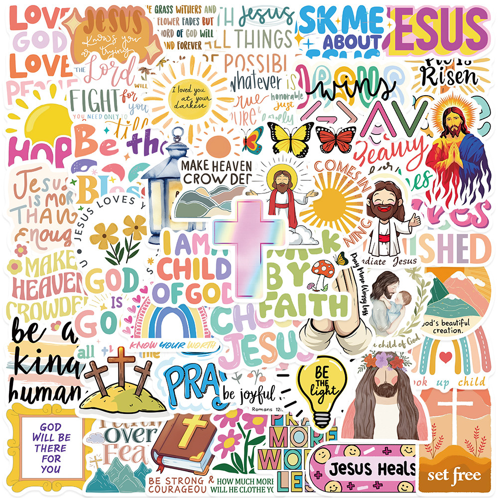 

52pcs Colorful Cute Cartoon Jesus Christian Motivational Phrases Stickers For Laptop Luggage Guitar Waterproof Vinyl Decals