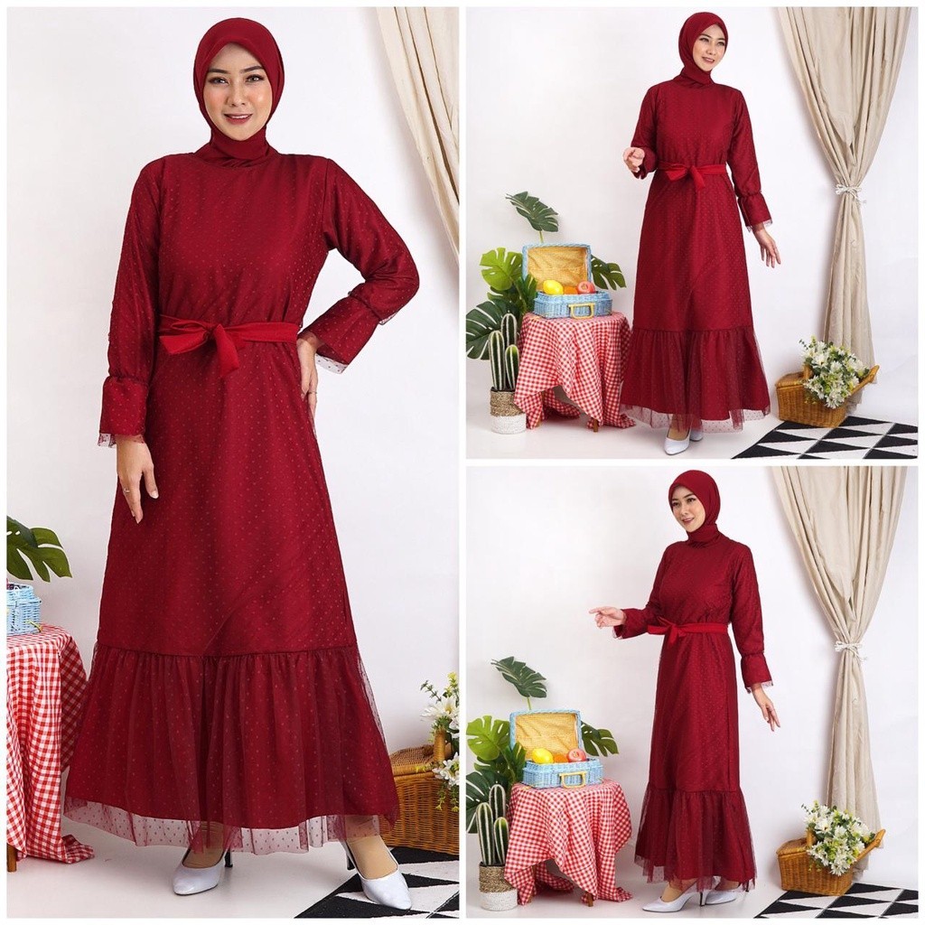 Gamis Helwa Tile Polkadot Maxi Dres Lebaran Long Dress Busana Muslim Murah