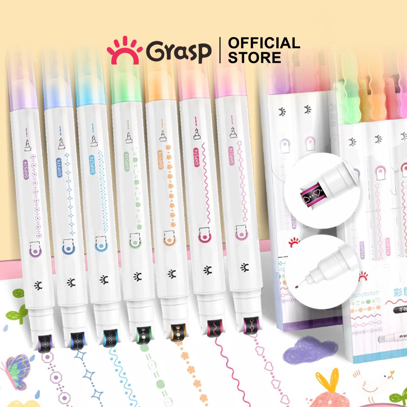 

GRASP Set Highlighter Dual Tip 6/8 Warna Pulpen Garis Roller Stamp Pattern Tip Pen Decorative Jurnal DIY GPWS003
