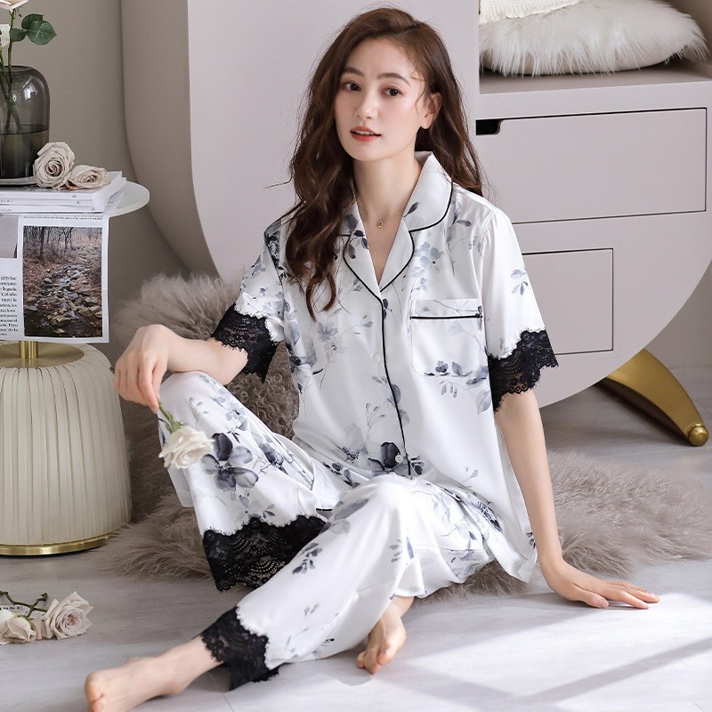 ZD34ED 【Set Piyama Sutra Es Fashion, Baju Tidur Wanita Keren, Nyaman Berkeringat】/1 set baju tidur w