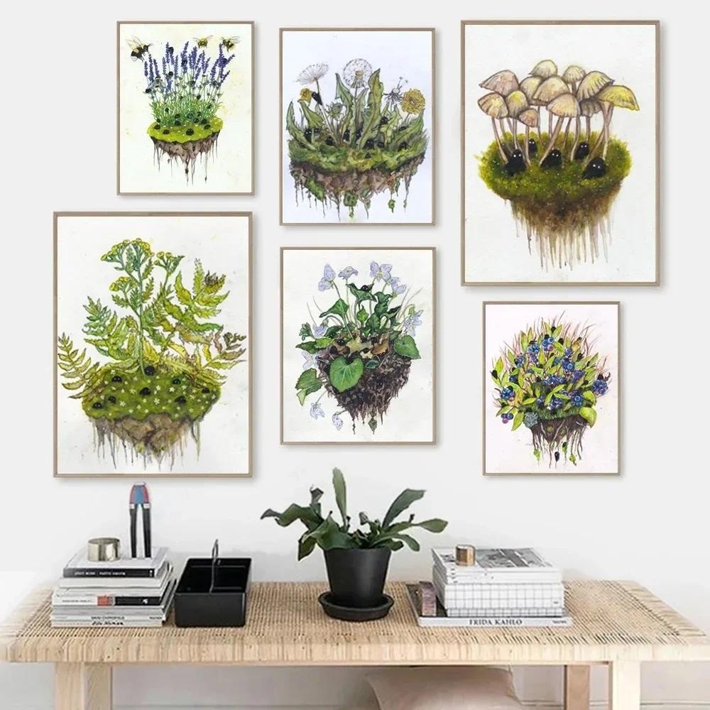 

Mushroom Spirits Fern Watercolor Dandelion Garden Witch Minimalist Wall Art Print Canvas Painting Posters for Modern Home Decor