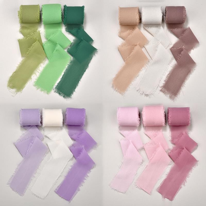 

3Roll 5yards Frayed Silk Ribbon Edged Wrinkle Chiffon Set Handmade Ripped Wedding Party Flower Bouquet Gift Packing Decorations