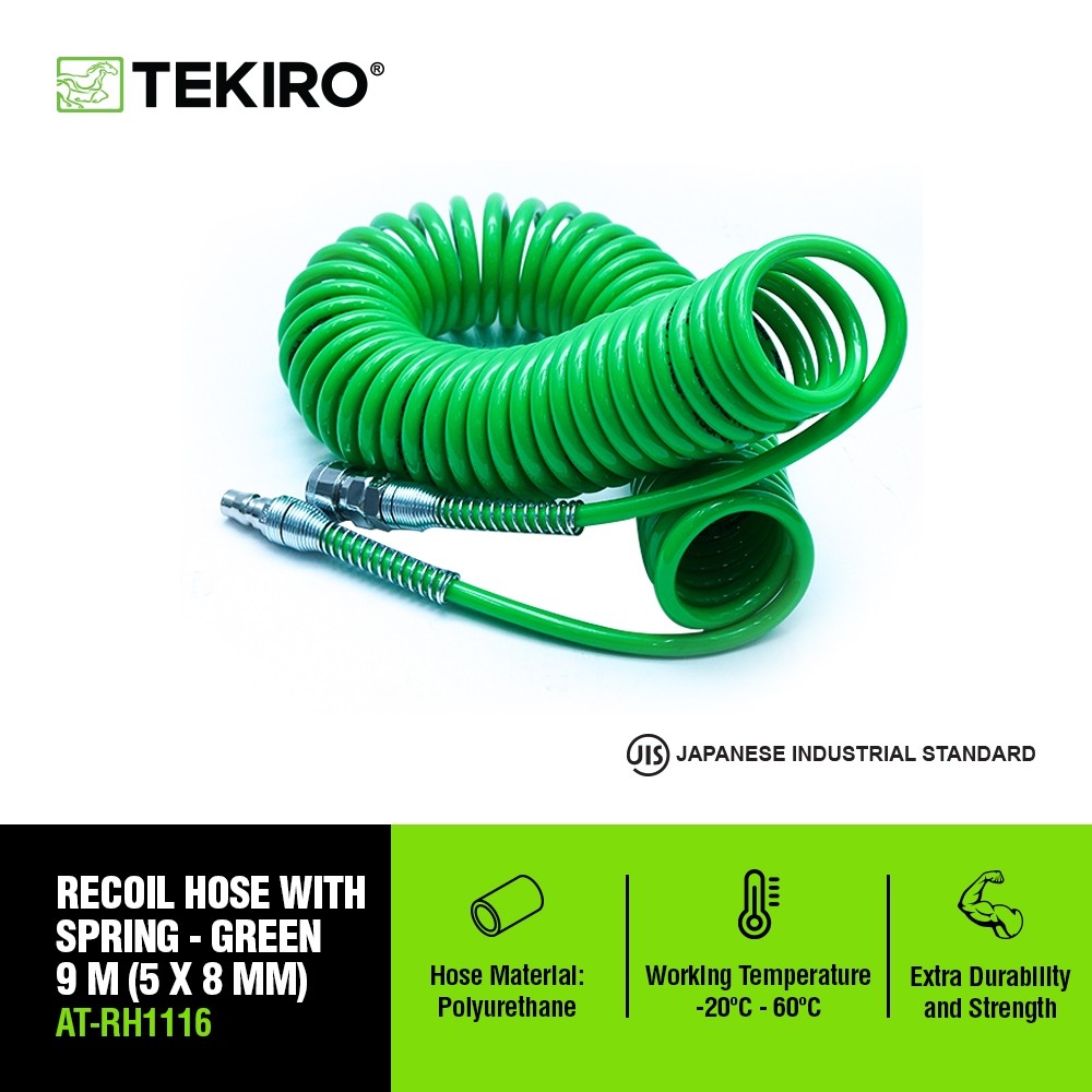 TEKIRO RECOIL HOSE SELANG SPIRAL KOMPRESOR 9 METER 9M 9METER HIJAU WITH SPRING